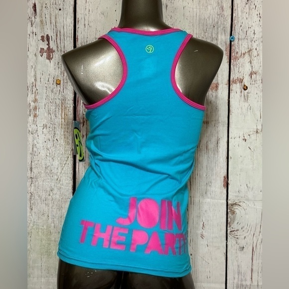 ZUMBA FITNESS sporty stretchy black tank top Blue “Join the Party” Large NWT - Picture 3 of 8